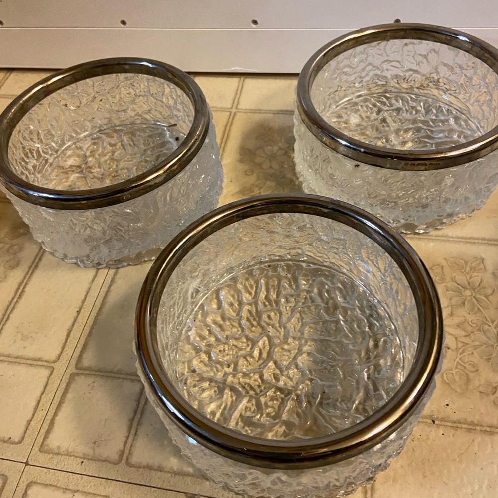Bowring Crystal serving Bowls trio with Silver Trim